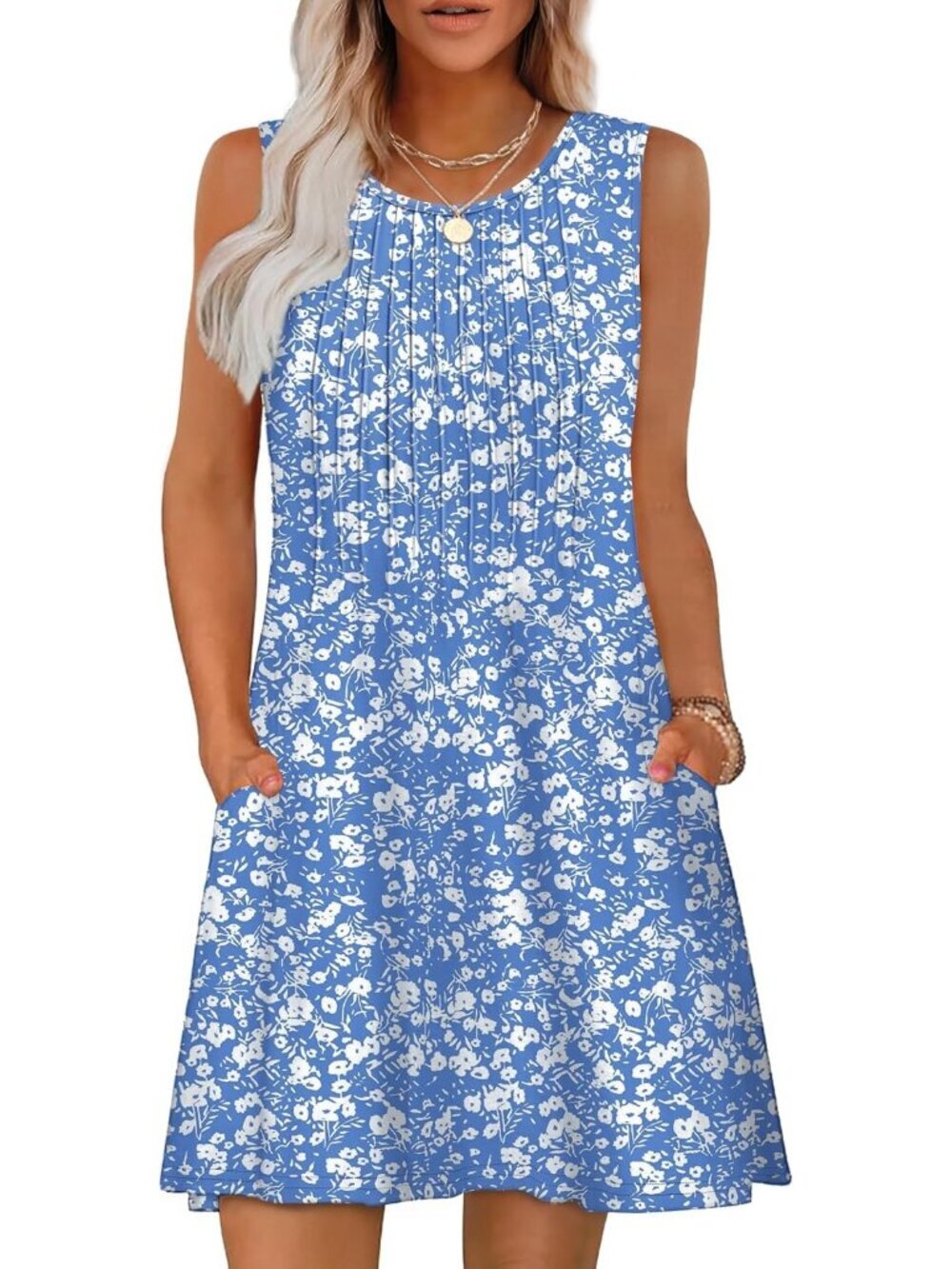 Women's Floral Blue Beach Vacation Casual Crew Neck Sleeveless Sun Mini Dress